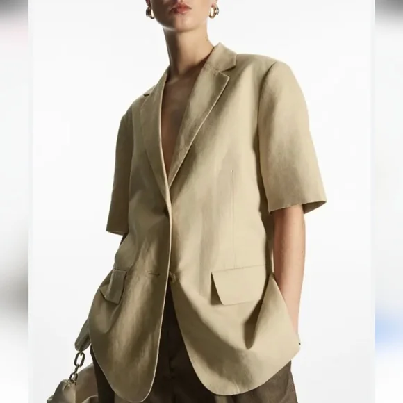NWT COS Sand Short Sleeve Blazer Linen Cotton - Chic Professional Staple Size 10 - Picture 2 of 12